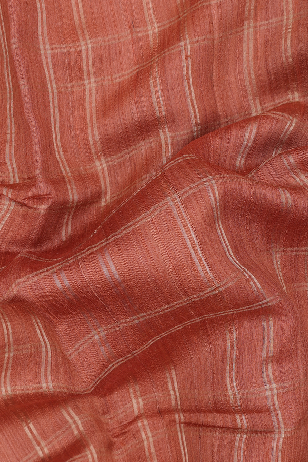Tussar Silk Saree In Burnt Orange With Checks Design