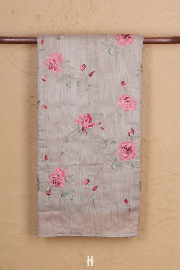 Tussar Silk Saree In Light Brown With Floral Design