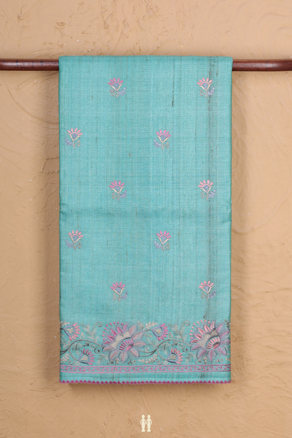 Tussar Silk Saree In Tiffany Blue With Floral Buttas