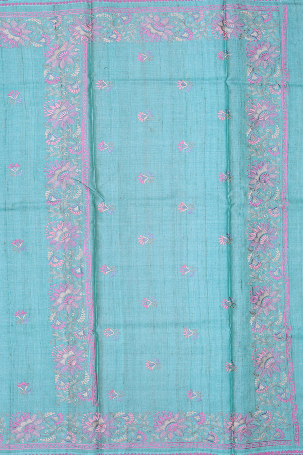 Tussar Silk Saree In Tiffany Blue With Floral Buttas