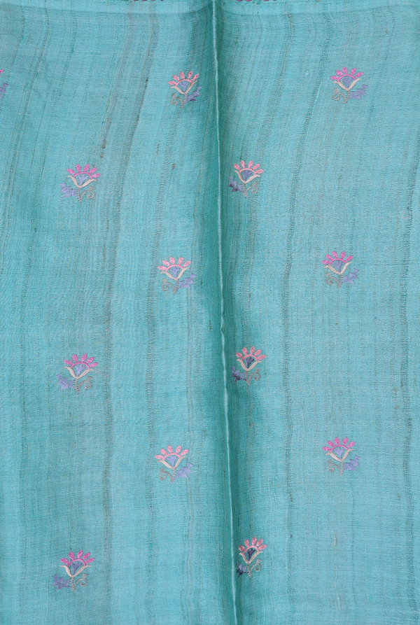 Tussar Silk Saree In Tiffany Blue With Floral Buttas