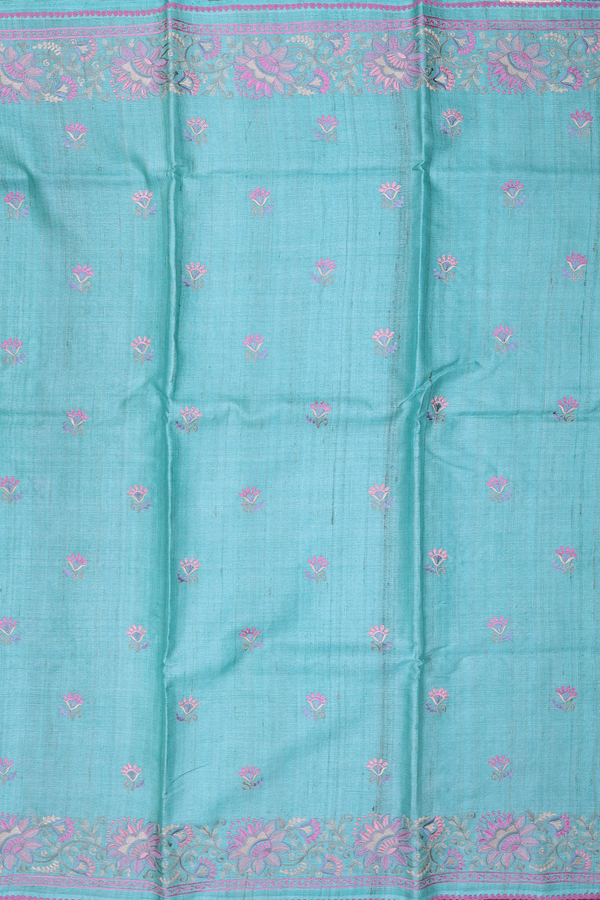 Tussar Silk Saree In Tiffany Blue With Floral Buttas