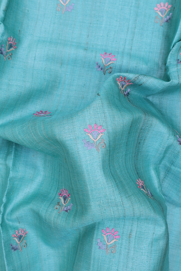 Tussar Silk Saree In Tiffany Blue With Floral Buttas