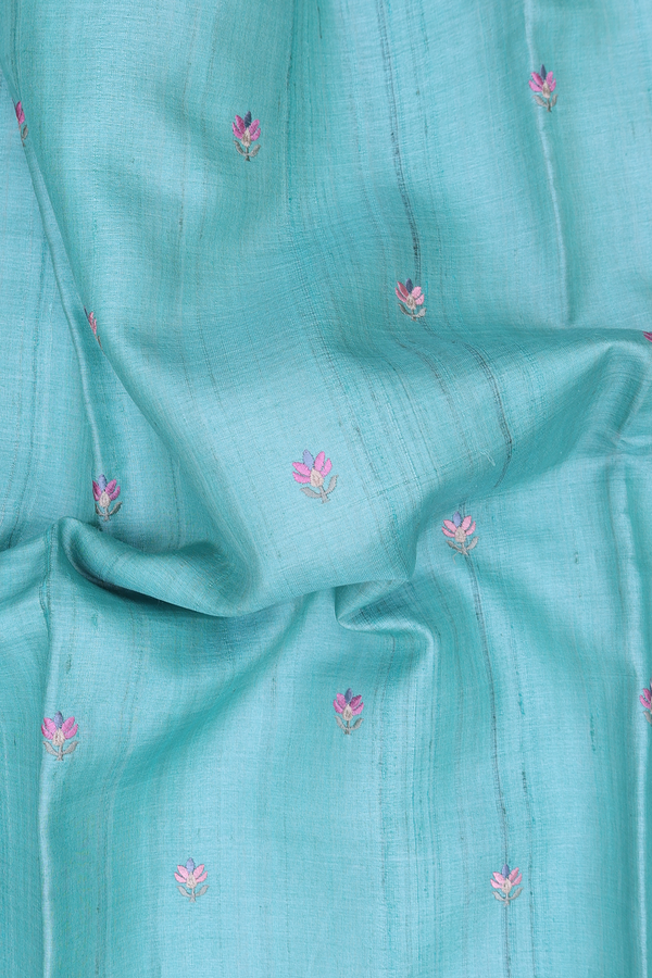 Tussar Silk Saree In Tiffany Blue With Embroidered Buttas