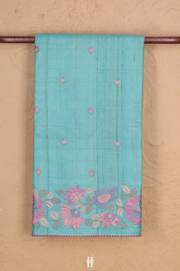 Tussar Silk Saree In Tiffany Blue With Embroidered Buttas