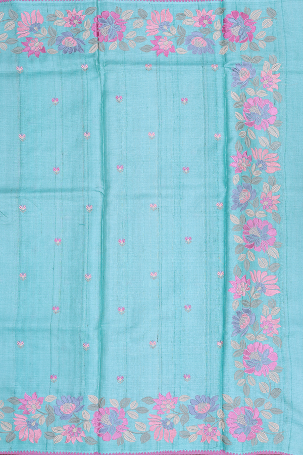 Tussar Silk Saree In Tiffany Blue With Embroidered Buttas