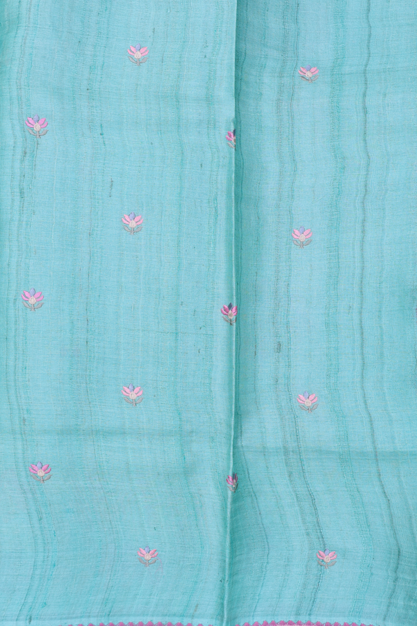 Tussar Silk Saree In Tiffany Blue With Embroidered Buttas