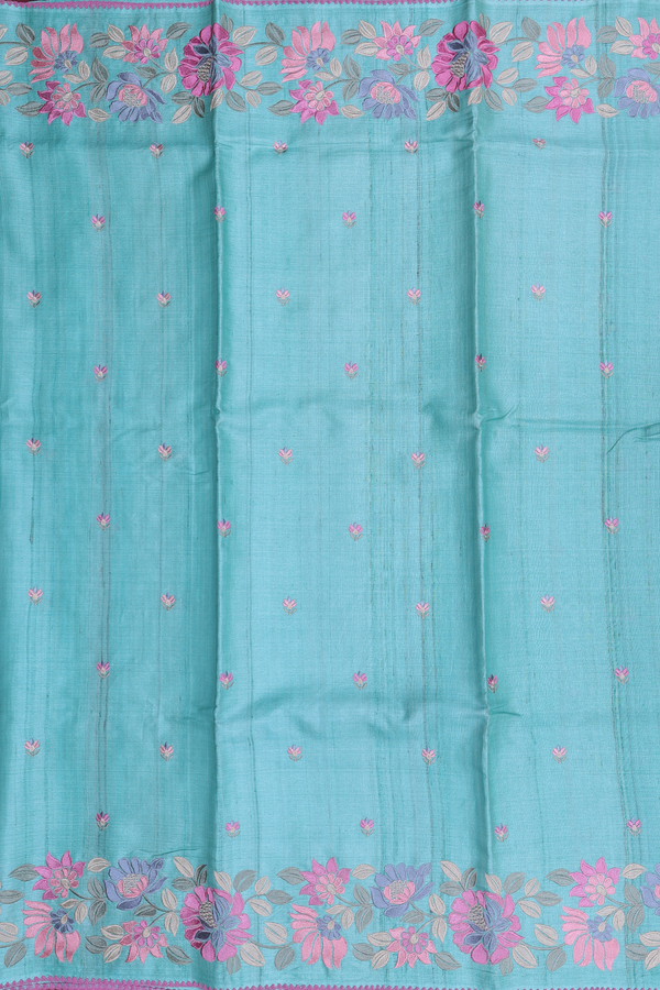 Tussar Silk Saree In Tiffany Blue With Embroidered Buttas