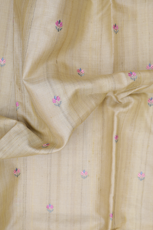 Tussar Silk Saree In Light Yellow With Floral Buttas
