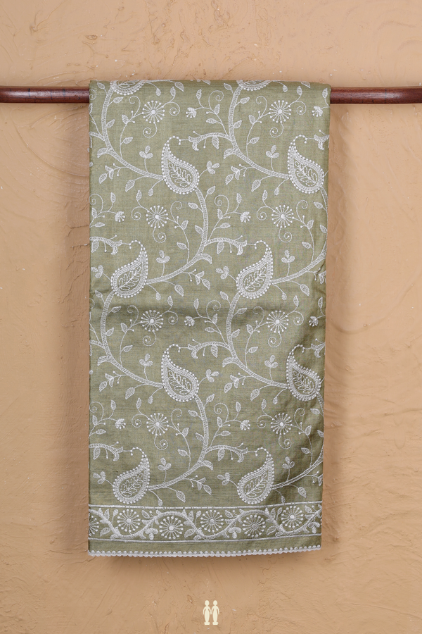 Tussar Silk Saree In Sage Green With Paisley Design
