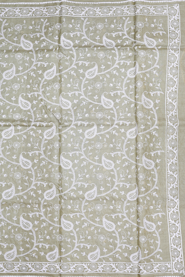 Tussar Silk Saree In Sage Green With Paisley Design