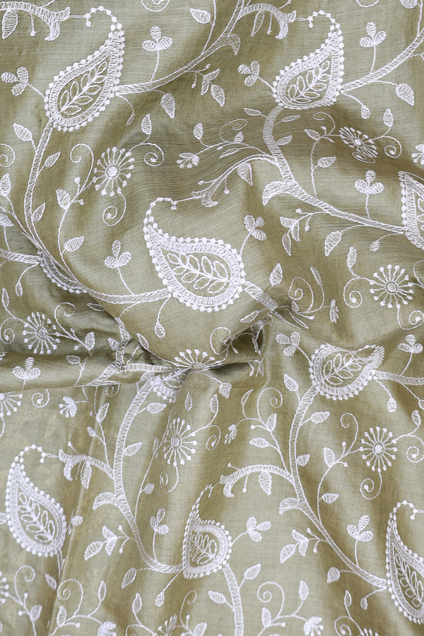 Tussar Silk Saree In Sage Green With Paisley Design