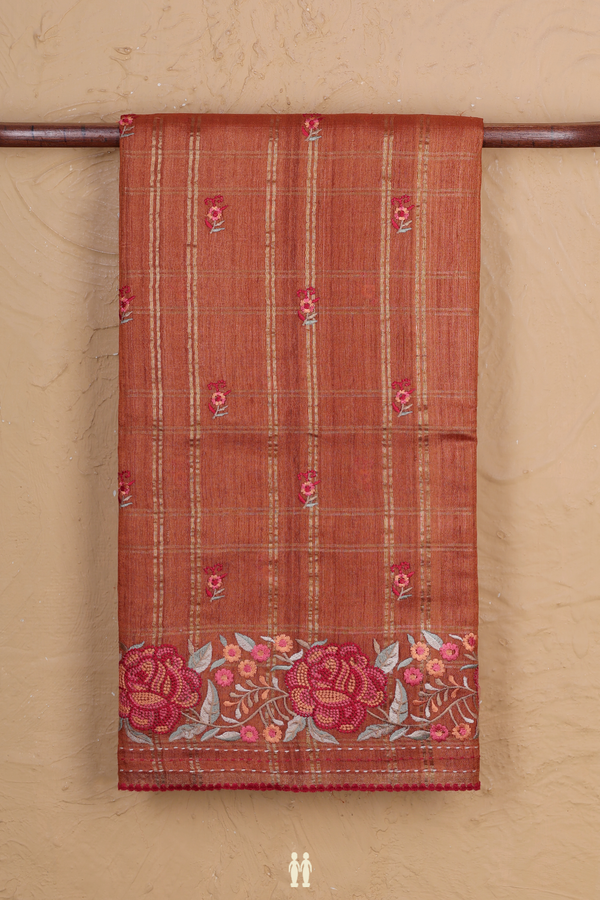 Tussar Silk Saree In Rust Orange With Checks Design
