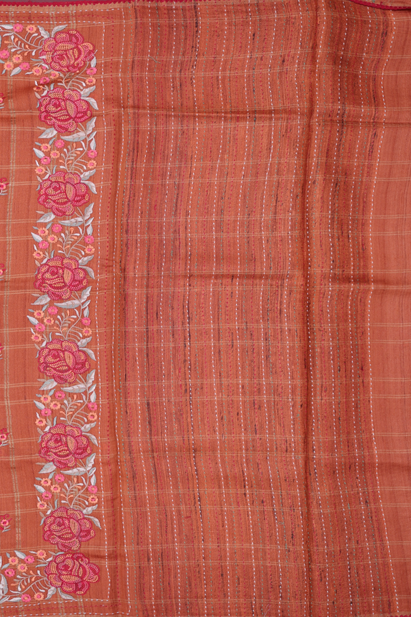 Tussar Silk Saree In Rust Orange With Checks Design