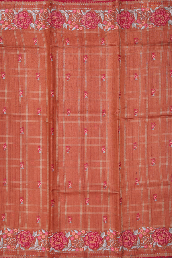 Tussar Silk Saree In Rust Orange With Checks Design