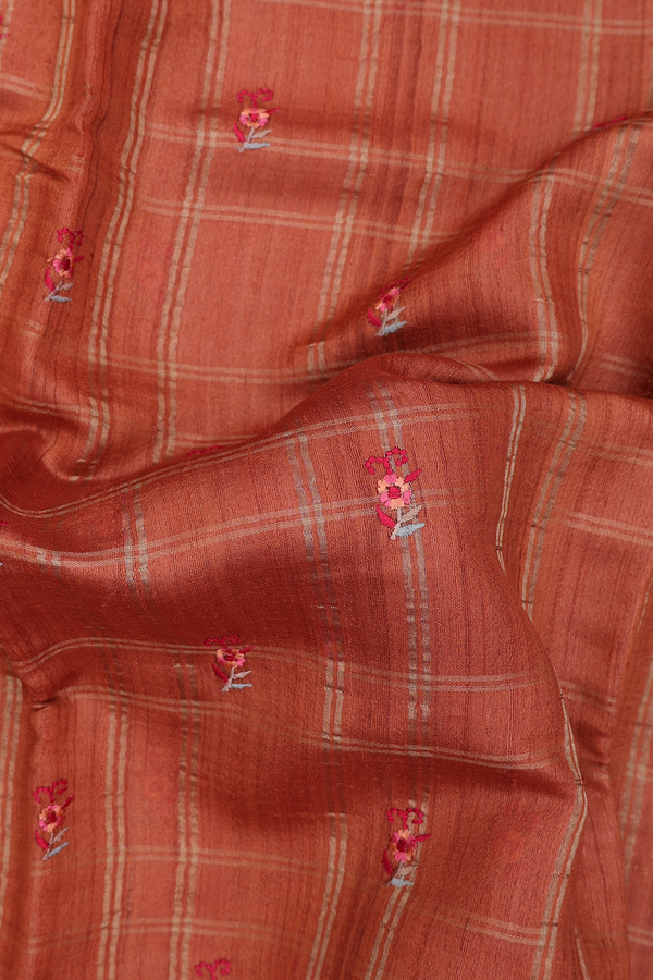 Tussar Silk Saree In Rust Orange With Checks Design