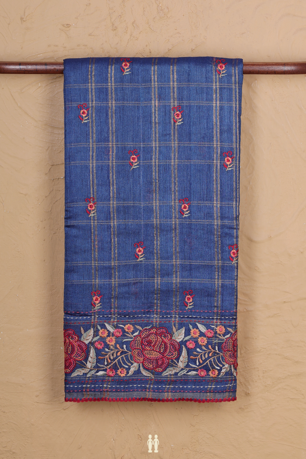 Tussar Silk Saree In Cobalt Blue With Checks Design