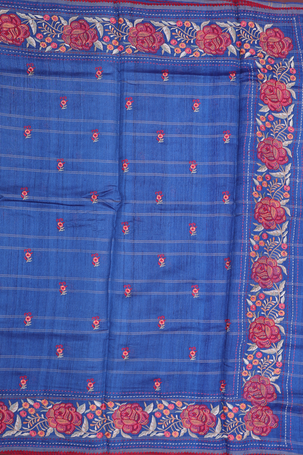 Tussar Silk Saree In Cobalt Blue With Checks Design