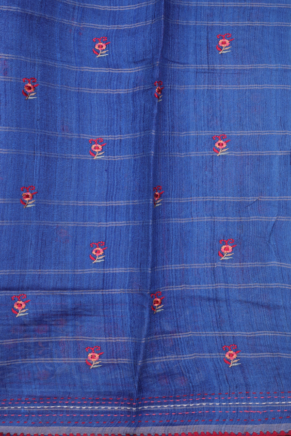Tussar Silk Saree In Cobalt Blue With Checks Design