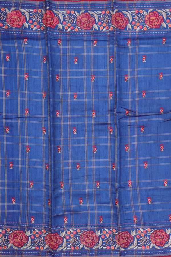 Tussar Silk Saree In Cobalt Blue With Checks Design