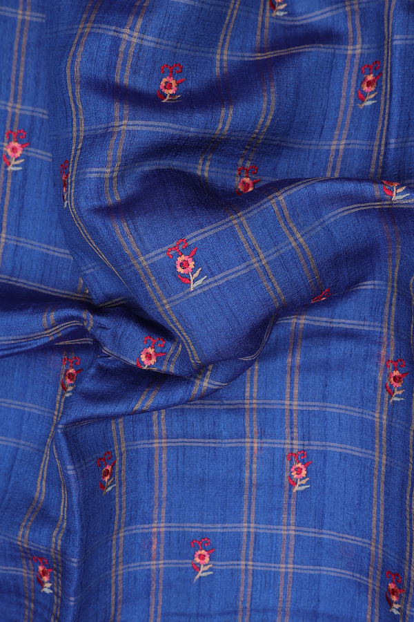 Tussar Silk Saree In Cobalt Blue With Checks Design