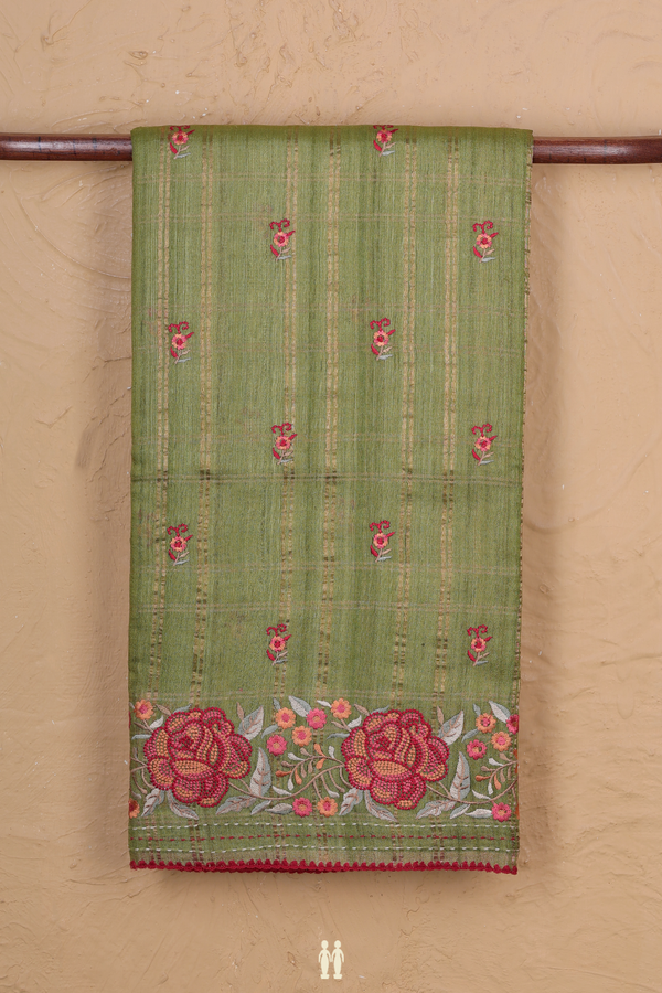 Tussar Silk Saree In Moss Green With Checks Design