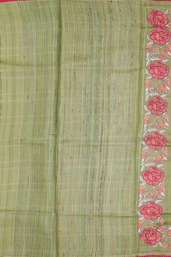 Tussar Silk Saree In Moss Green With Checks Design