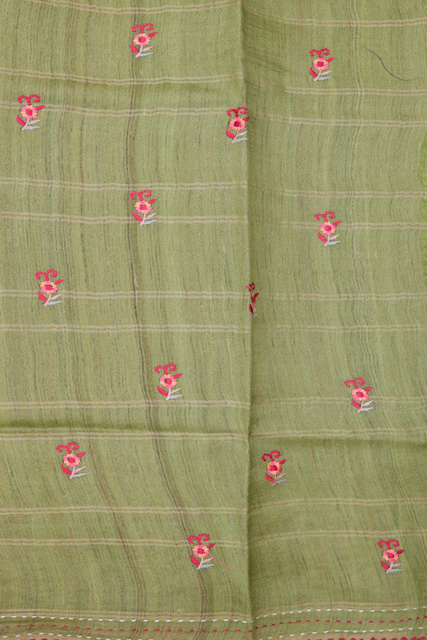 Tussar Silk Saree In Moss Green With Checks Design