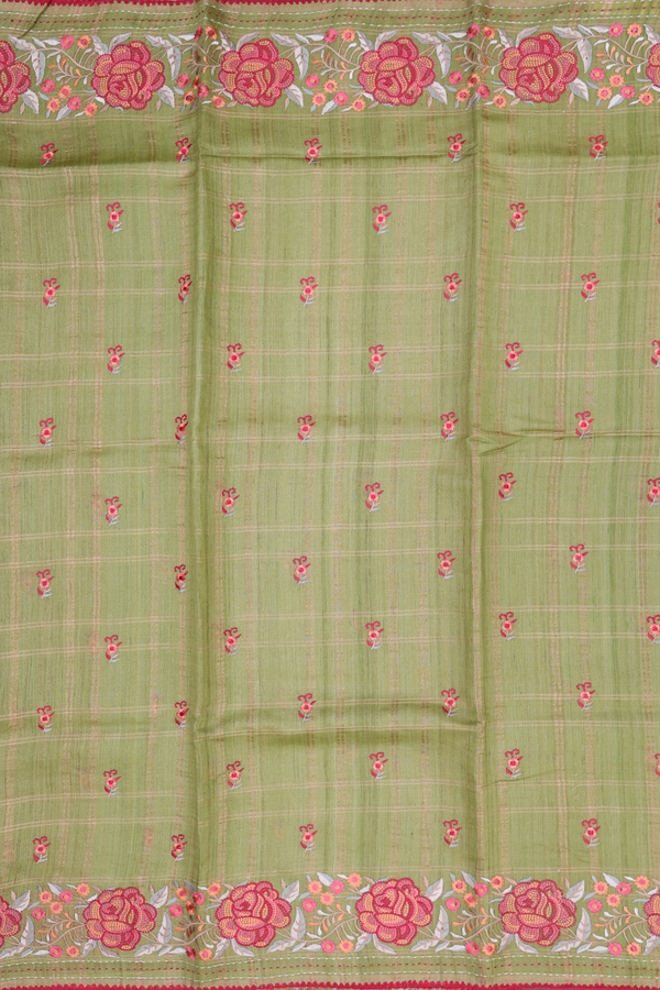 Tussar Silk Saree In Moss Green With Checks Design