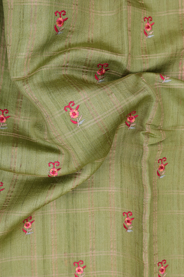 Tussar Silk Saree In Moss Green With Checks Design