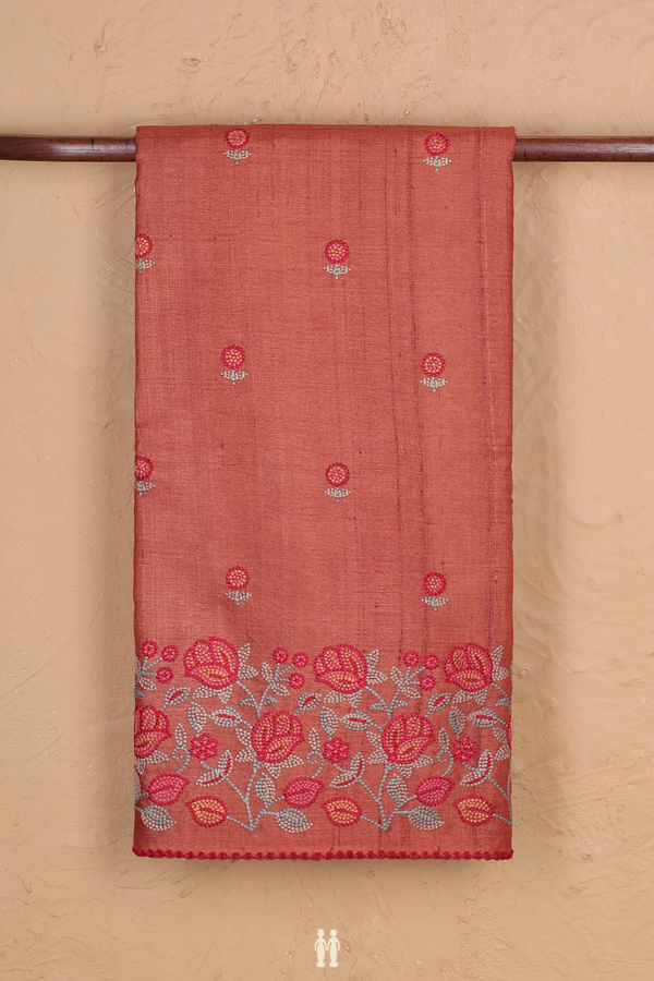 Tussar Silk Saree In Orange With Floral Buttas
