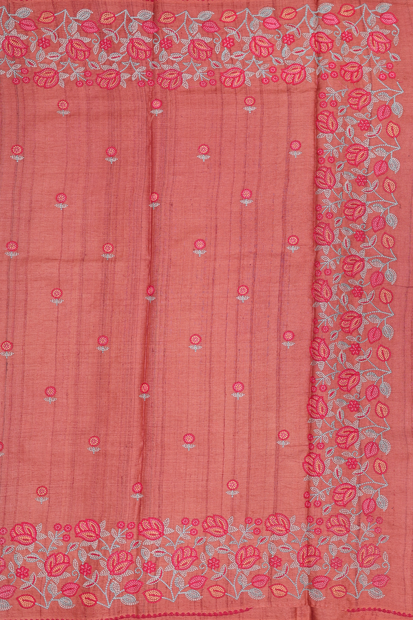 Tussar Silk Saree In Orange With Floral Buttas
