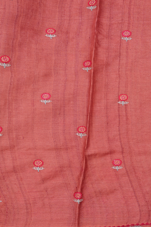 Tussar Silk Saree In Orange With Floral Buttas