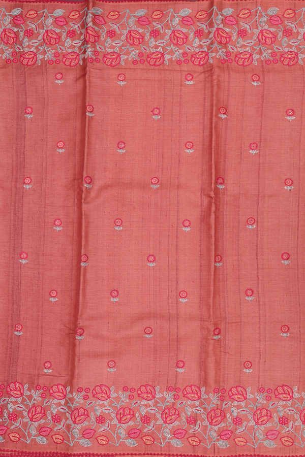 Tussar Silk Saree In Orange With Floral Buttas
