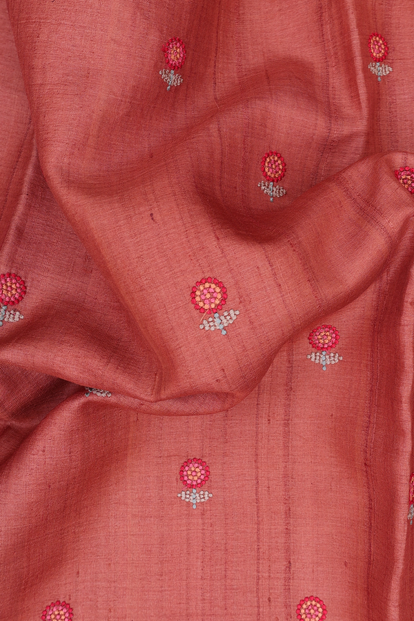 Tussar Silk Saree In Orange With Floral Buttas