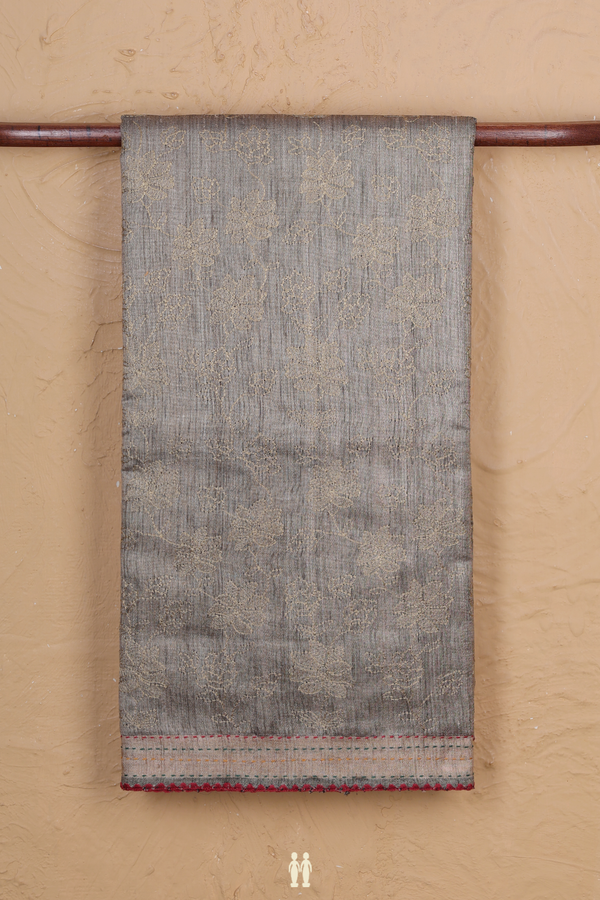 Tussar Silk Saree In Dusty Olive With Floral Design
