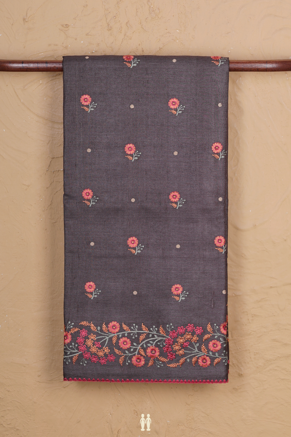 Tussar Silk Saree In Greyish Brown With Floral Buttas