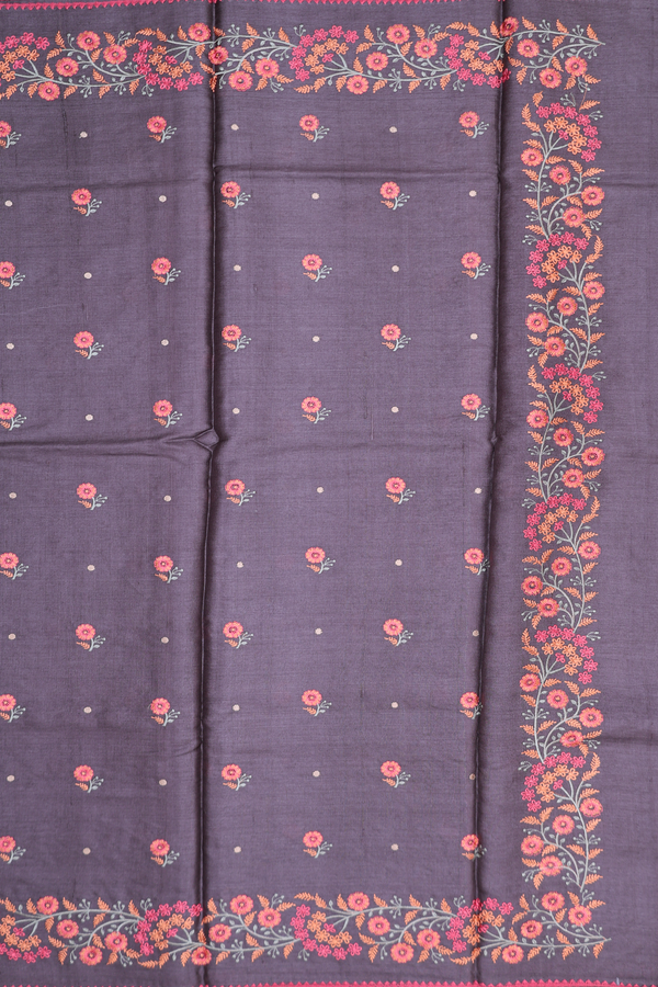 Tussar Silk Saree In Greyish Brown With Floral Buttas