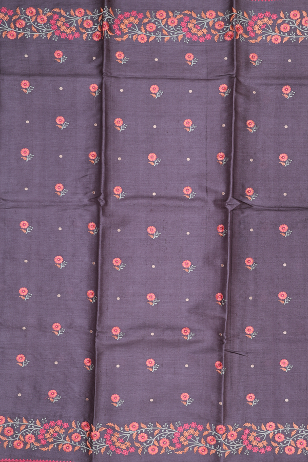 Tussar Silk Saree In Greyish Brown With Floral Buttas