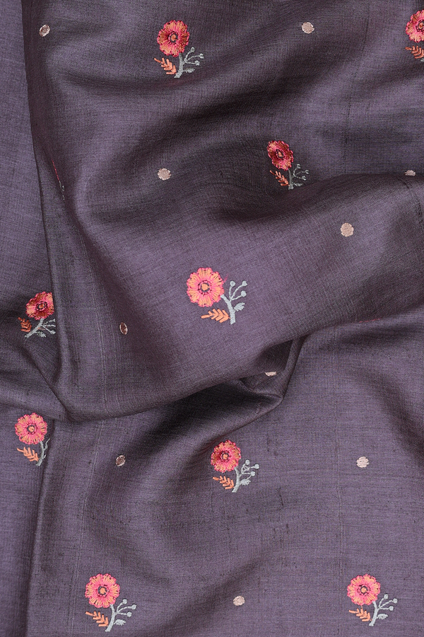 Tussar Silk Saree In Greyish Brown With Floral Buttas