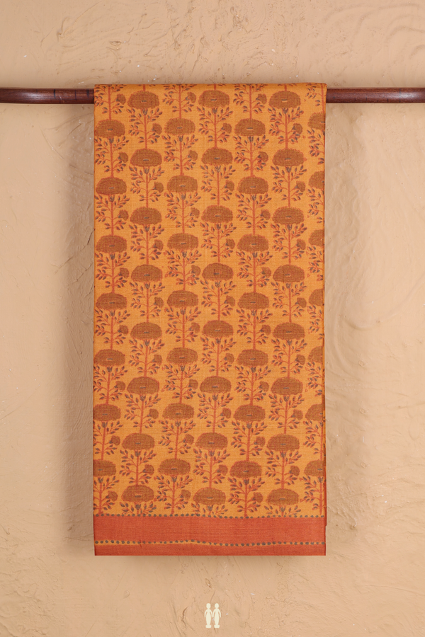 Tussar Silk Saree In Marigold Orange With Floral Design