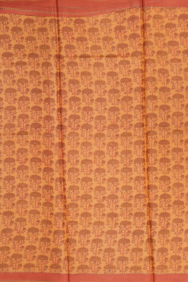 Tussar Silk Saree In Marigold Orange With Floral Design