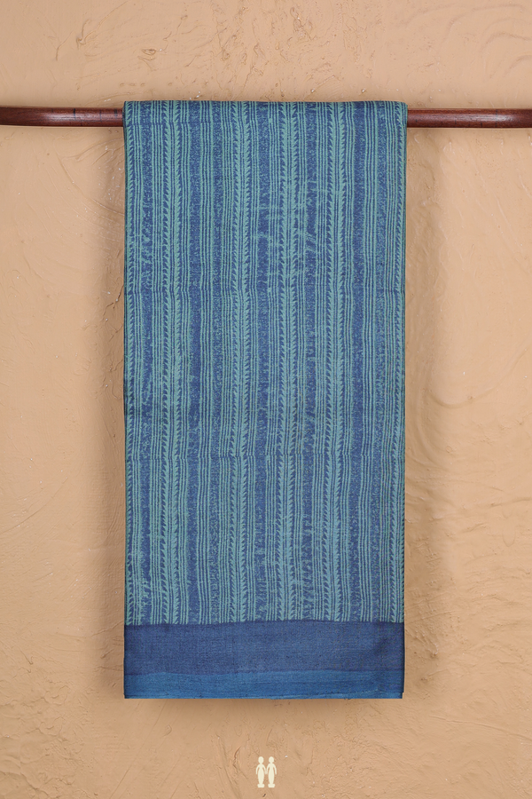 Tussar Silk Saree In Green And Blue With Stripes Design