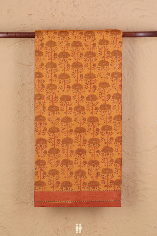 Tussar Silk Saree In Orange With Floral Design