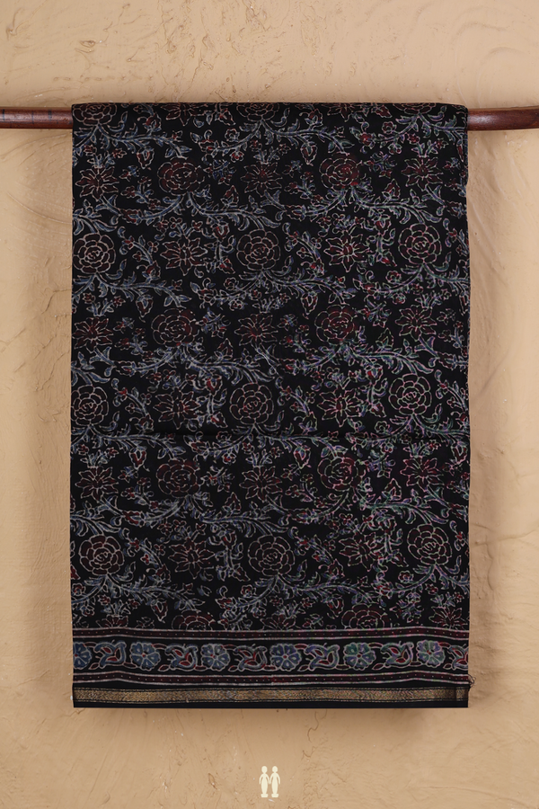 Chanderi Silk Cotton Saree In Black With Floral Design