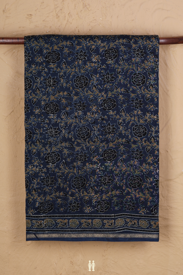 Chanderi Silk Cotton Saree In Prussian Blue With Floral Design