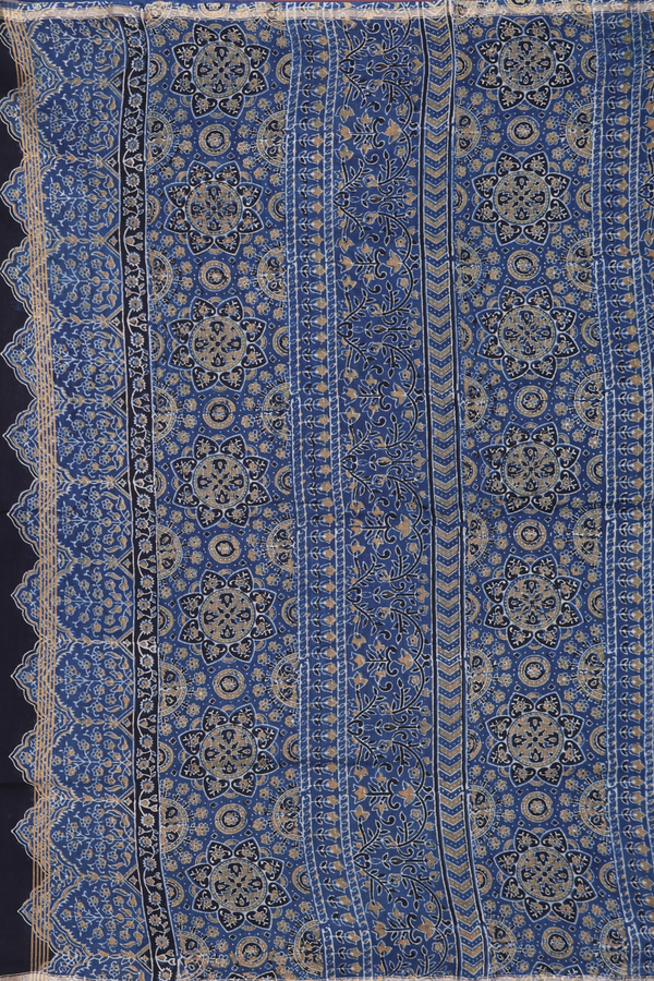 Chanderi Silk Cotton Saree In Prussian Blue With Floral Design