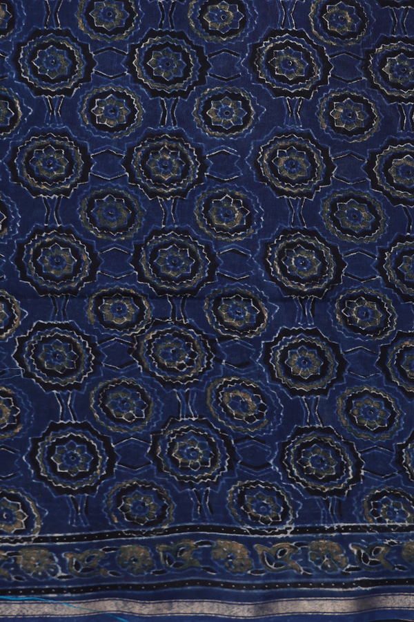 Chanderi Silk Cotton Saree In Prussian Blue With Floral Design