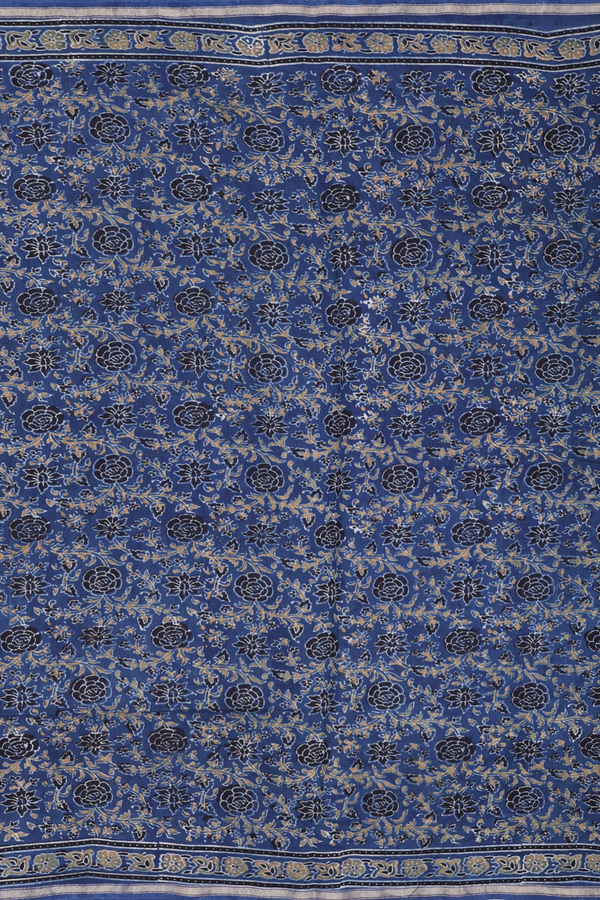 Chanderi Silk Cotton Saree In Prussian Blue With Floral Design