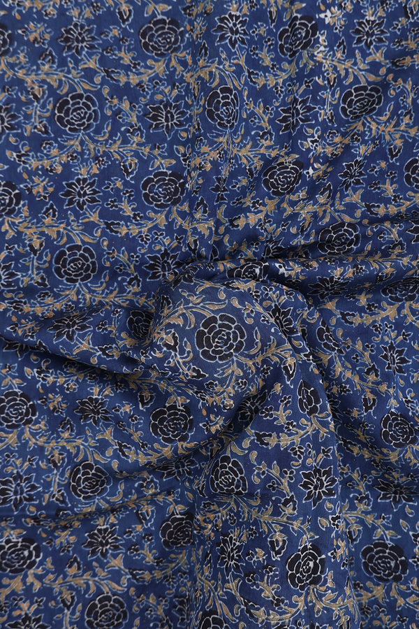 Chanderi Silk Cotton Saree In Prussian Blue With Floral Design
